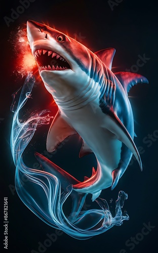 background with a shark, shark in water, neon light, shark fish, red and blue lights,  photo