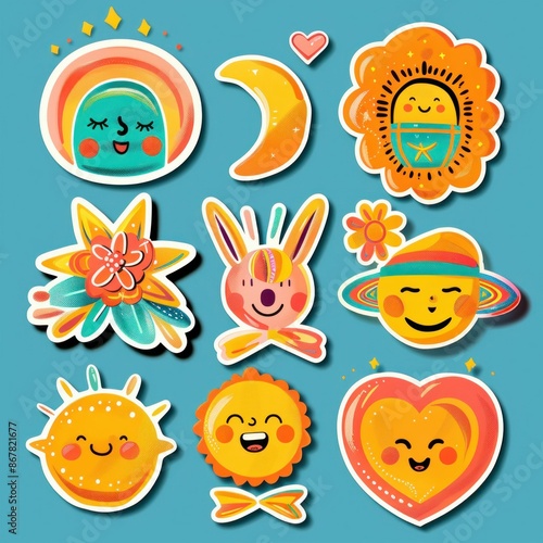 Colorful Cartoon Stickers on Blue Background. Generative ai.