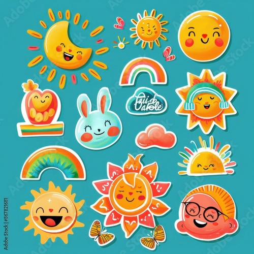 Colorful Cartoon Stickers on Blue Background. Generative ai.