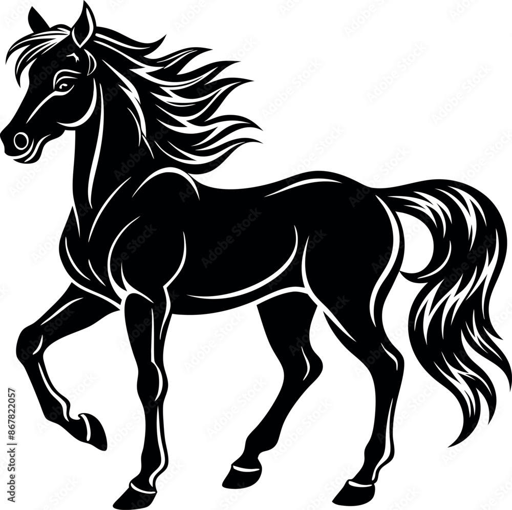 Obraz premium A black horse with long hair is standing on a white background