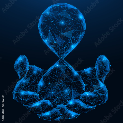 Hands holding an hourglass. A low-poly design of interconnected lines and dots.