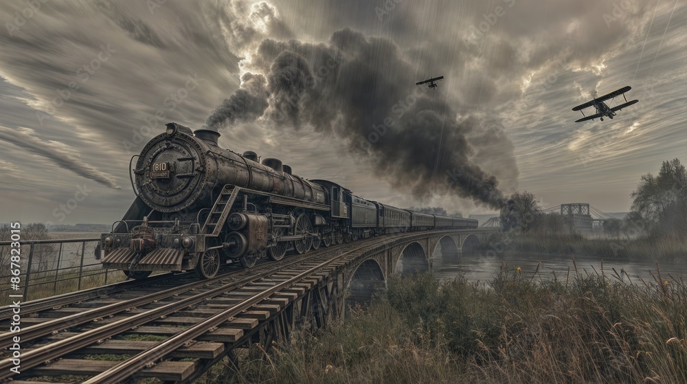 Fototapeta premium Vintage steam engine with smoke on a rail bridge, two biplanes in flight in the background.