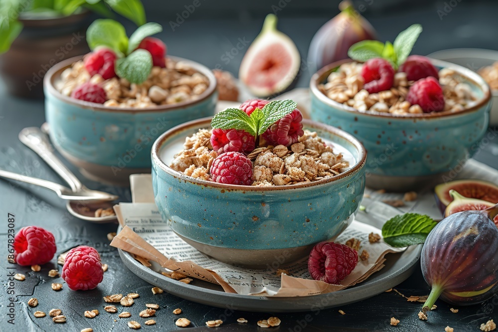 Three bowls of cereal with raspberries and mint on top Three bowls of cereal with raspberries and mint on top