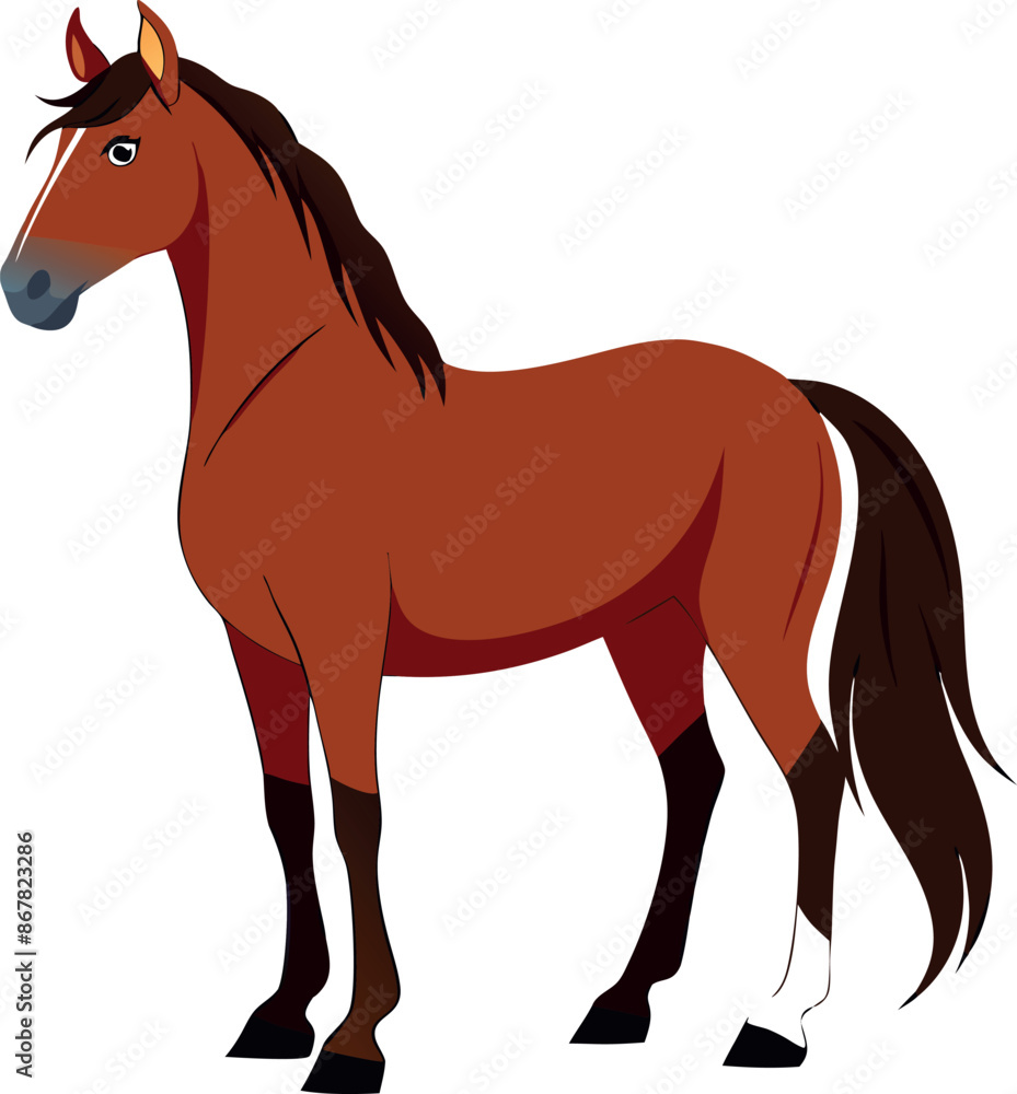 Obraz premium A cartoon horse with a brown mane and tail stands on a white background