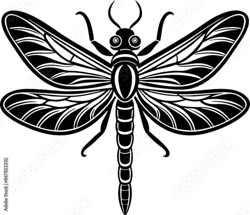 A black and white drawing of a dragonfly