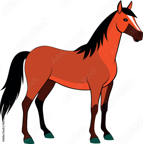 A cartoon horse with a black mane and a brown body