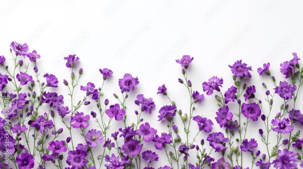 Obraz premium Purple Meadow Flowers on White Background with Copy Space Top View