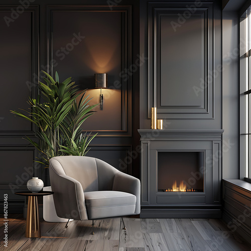 Three dimensional render of living room with single photo