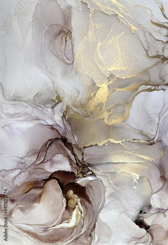 Abstract pink marble with gold — fluid art background with golden potal, stone texture made with alcohol ink. Big pink with brown natural marble backdrop resembles gold watercolor or aquarelle.