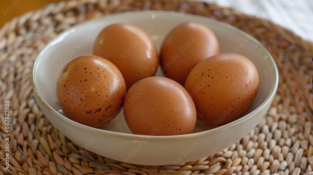 Brown farm eggs placed in a white bowl Brown farm eggs placed in a white bowl