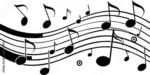A black and white musical score with many notes and a white background