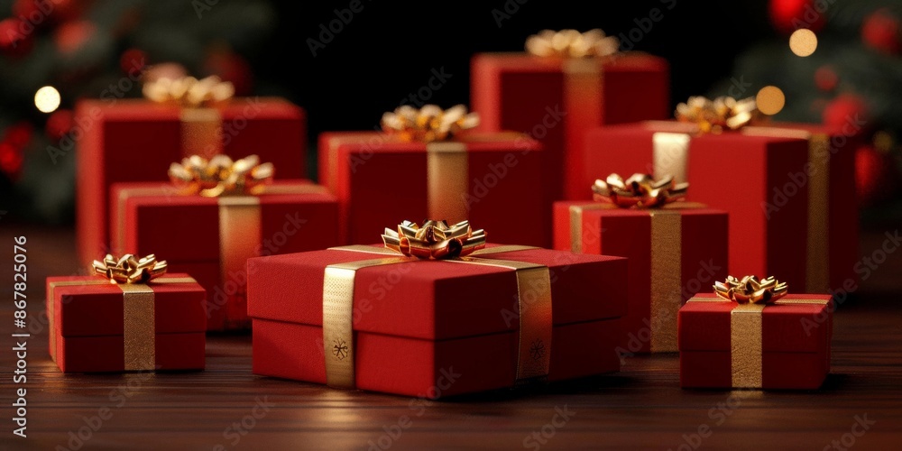 Festive red background with gift boxes. Happy New Year and Merry Christmas Festive red background with gift boxes. Happy New Year and Merry Christmas