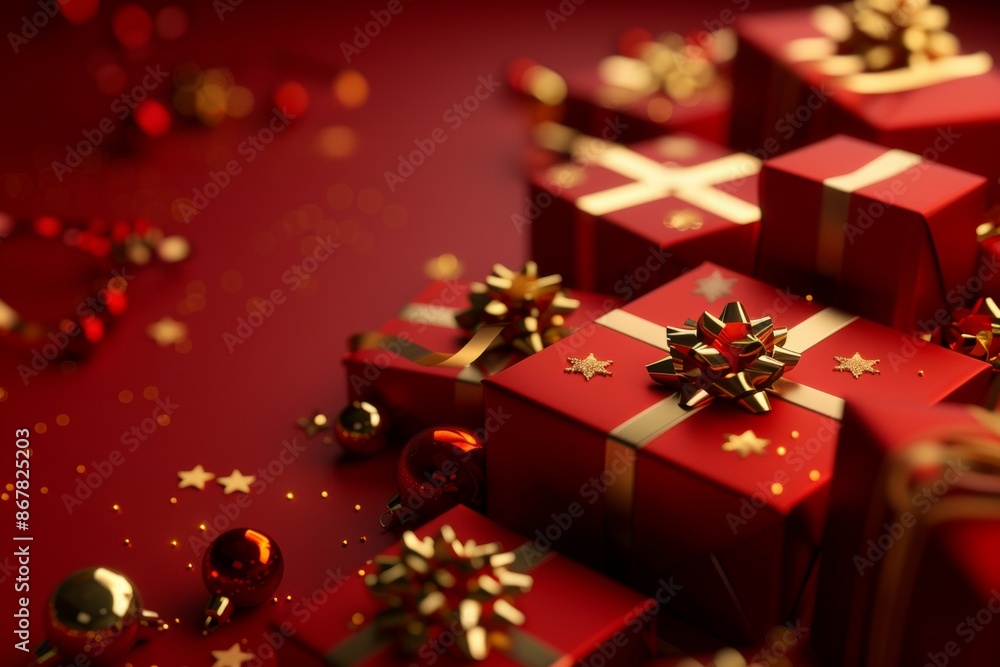 Festive red background with gift boxes. Happy New Year and Merry Christmas Festive red background with gift boxes. Happy New Year and Merry Christmas