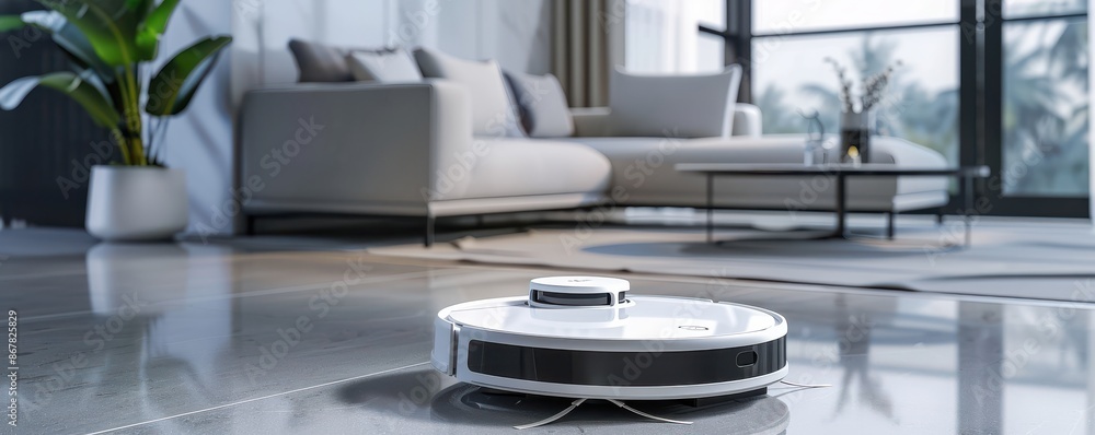 Robot vacuum cleaner navigating and cleaning a spacious, sunlit living room with modern furnishings and decor. Robot vacuum cleaner navigating and cleaning a spacious, sunlit living room with modern furnishings and decor.