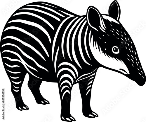 A zebra with a long snout and a black and white striped body