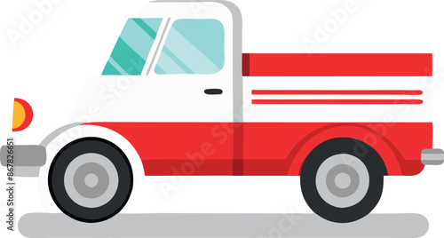 A red and white truck is parked on a white background