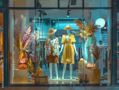 A vibrant retail store window display showcasing mannequins dressed in fashionable summer clothing and accessories, with a warm and inviting atmosphere. photo