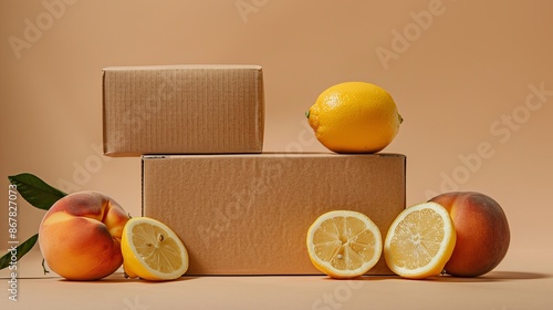 This image presents lemons and peaches artistically arranged with cardboard boxes on a beige background, emphasizing their freshness and natural quality. photo