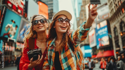 Two young women in sunglasses, enjoying their city exploration, one of them taking a selfie with a camera, both smiling brightly and enjoying their urban adventure. photo