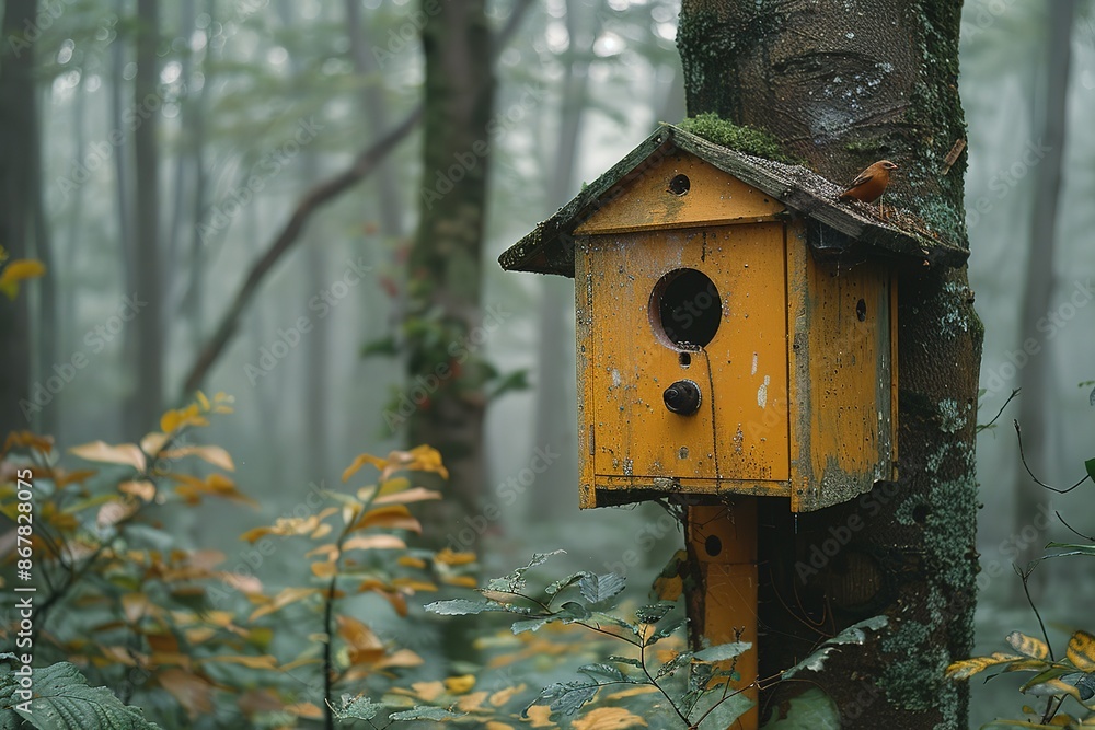 A yellow birdhouse is sitting on a tree branch in a forest A yellow birdhouse is sitting on a tree branch in a forest