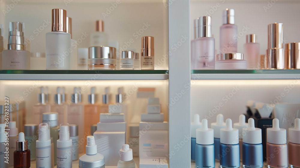 A beautifully organized shelf of luxury skincare products, including serums, creams, and lotions, displayed with elegant packaging. Ideal for beauty and skincare advertisements. A beautifully organized shelf of luxury skincare products, including serums, creams, and lotions, displayed with elegant packaging. Ideal for beauty and skincare advertisements.