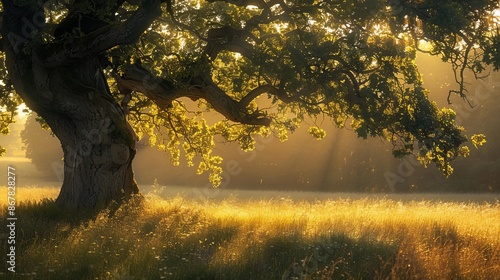 A serene photograph of a solitary tree in a meadow, illuminated by the golden hour light, capturing the tranquility of nature in a peaceful landscape. photo