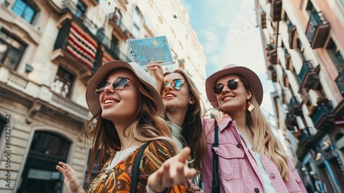 Three young women dressed in fashionable outfits are sightseeing together, enjoying their time and the sunlit urban surroundings, reflecting a vibrant and joyful outing. photo