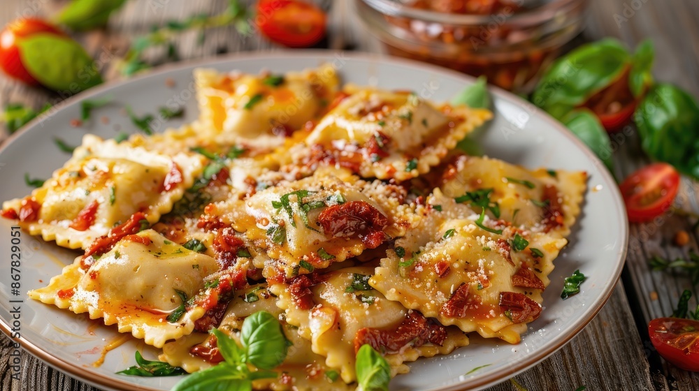 Italian Cuisine Ravioli Pasta with Sun Dried Tomatoes and Cheese Italian Cuisine Ravioli Pasta with Sun Dried Tomatoes and Cheese