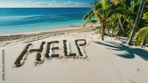 Deserted beach of uninhabited tropical island, sand with inscription HELP from lost in sea. Aerial view of empty ocean shore. Concept of shipwreck, travel, castaway, message