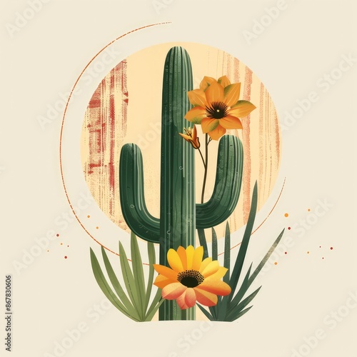 Boho green cactus and desert flower on a cream background, illustration made with Generative Ai