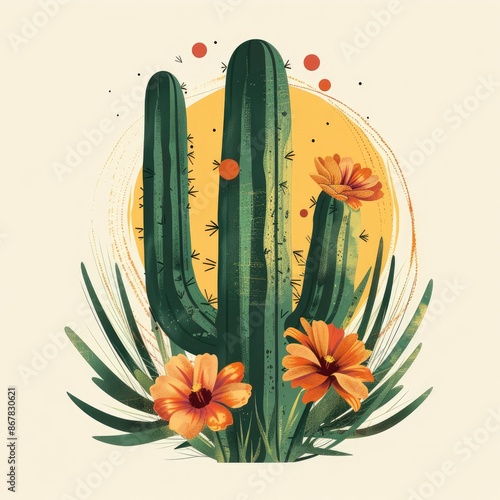 Boho green cactus and desert flower on a cream background, illustration made with Generative Ai