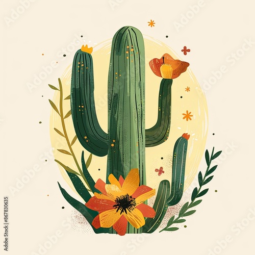 Boho green cactus and desert flower on a cream background, illustration made with Generative Ai