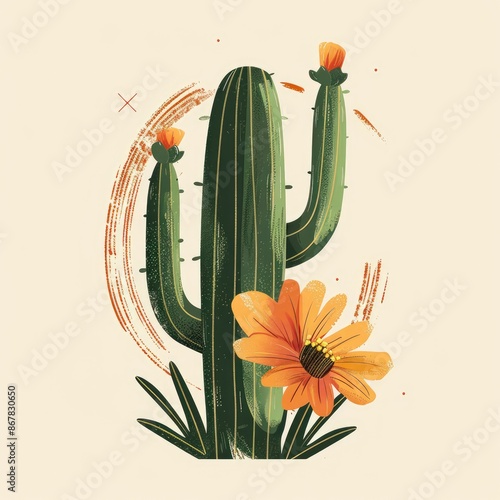 Boho green cactus and desert flower on a cream background, illustration made with Generative Ai