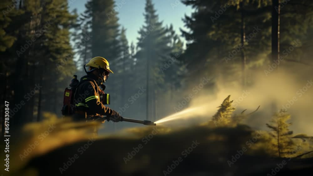 A fireman in full gear extinguishes a fire using a water hose. Concept: emergency situations, rescue operations, fire safety and heroism. A fireman in full gear extinguishes a fire using a water hose. Concept: emergency situations, rescue operations, fire safety and heroism.