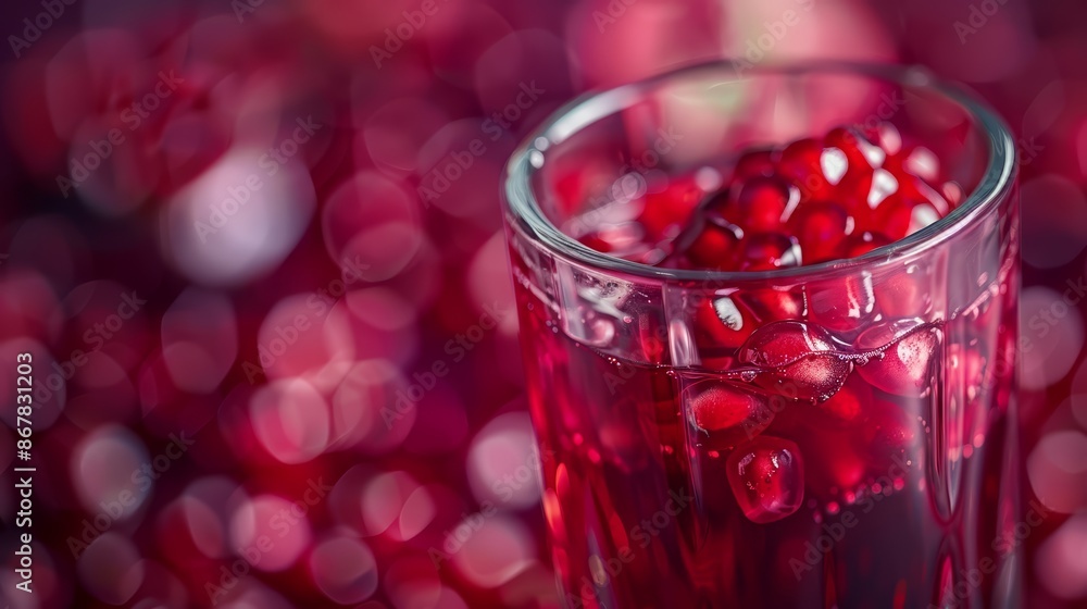 A glass of pomegranate juice, its deep red color and ruby-like seeds creating a visually stunning drink A glass of pomegranate juice, its deep red color and ruby-like seeds creating a visually stunning drink