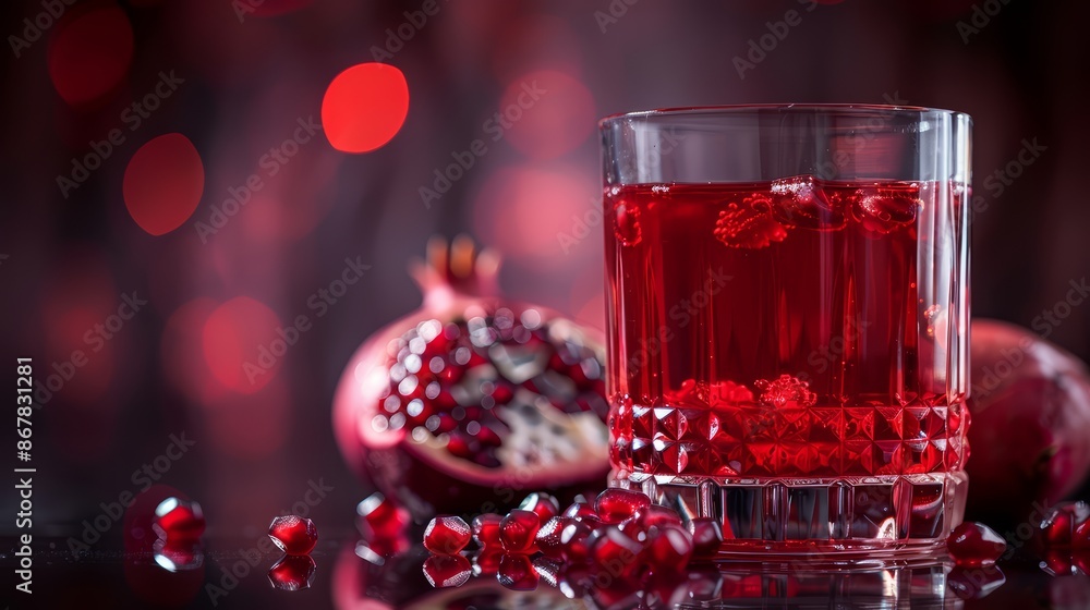 A glass of pomegranate juice, its deep red color and ruby-like seeds creating a visually stunning drink A glass of pomegranate juice, its deep red color and ruby-like seeds creating a visually stunning drink