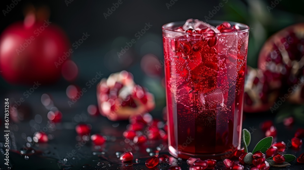 A glass of pomegranate juice, its deep red color and ruby-like seeds creating a visually stunning drink A glass of pomegranate juice, its deep red color and ruby-like seeds creating a visually stunning drink