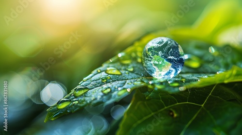 Close-up of a water drop on a green leaf reflecting Earth. Nature conservation and environmental concept. Bright green tones with soft sunlight. Suitable for eco-themed projects. AI photo