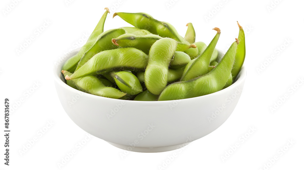 Salted edamame, neatly arranged in a white ceramic bowl,on a transparent background Salted edamame, neatly arranged in a white ceramic bowl,on a transparent background