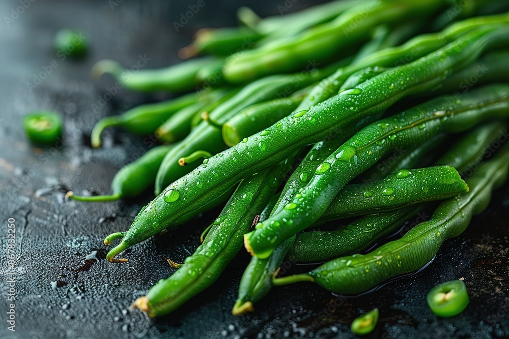 A bunch of green beans with water droplets on them A bunch of green beans with water droplets on them