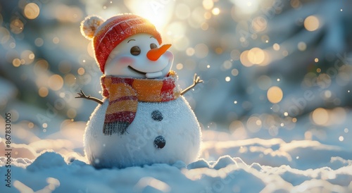 Cheerful Snowman Wearing a Red Hat and Scarf in Winter