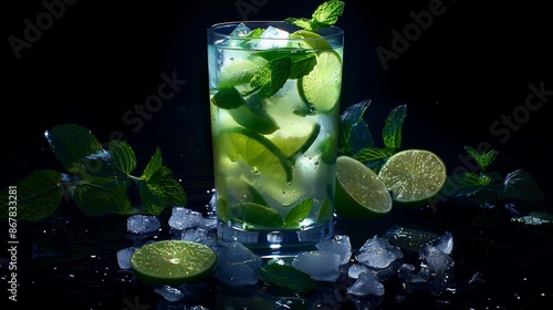 A refreshing mojito with mint leaves and lime slices photo