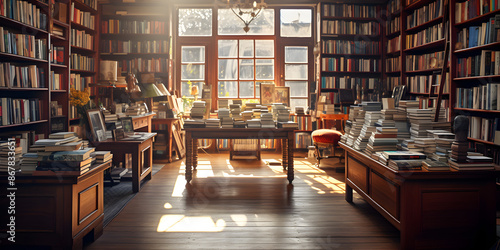 Fototapeta Naklejka Na Ścianę i Meble -  A small bookshop interior, shelves filled with various books, warm ambient lighting