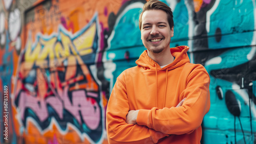 A cheerful man in an orange hoodie with a bright smile, posing confidently in front of a graffiti wall