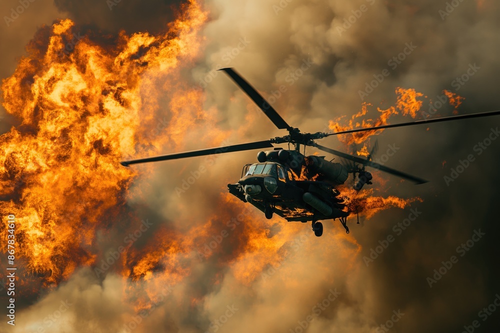 Military helicopter engulfed in flames during a rescue operation with a smoky background. Intense, dangerous, dramatic. Ideal for action scenes, military documentaries, war themes. Military helicopter engulfed in flames during a rescue operation with a smoky background. Intense, dangerous, dramatic. Ideal for action scenes, military documentaries, war themes.