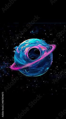 An abstract representation of a colorful planet with vibrant rings floating in outer space against a star-speckled background. photo