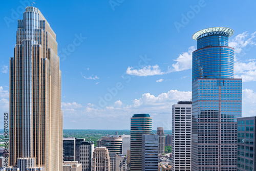 aerial view of office towers and skyscrapers in downtown central minneapolis