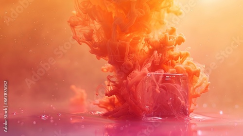 A captivating abstract image showing orange and pink ink swirling and mixing in water, forming a vibrant and dynamic visual explosion. Perfect for creative and modern art designs. photo