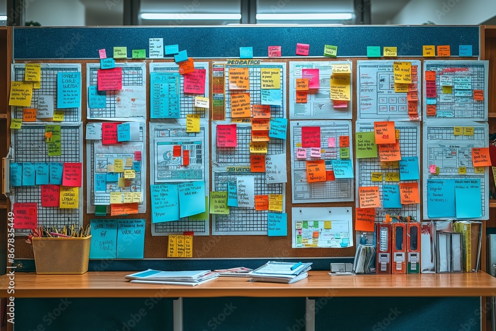 An intricate planning board in an office, covered with many sticky notes and documents, meticulously organized to display various tasks, strategies, and schedules, fostering an organized and An intricate planning board in an office, covered with many sticky notes and documents, meticulously organized to display various tasks, strategies, and schedules, fostering an organized and
