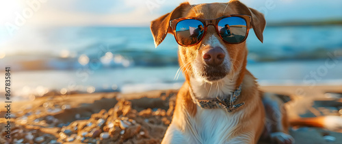 happy dog in sunglasses relaxing on the beach, embodying the joy and relaxation of a perfect summer day © Arma